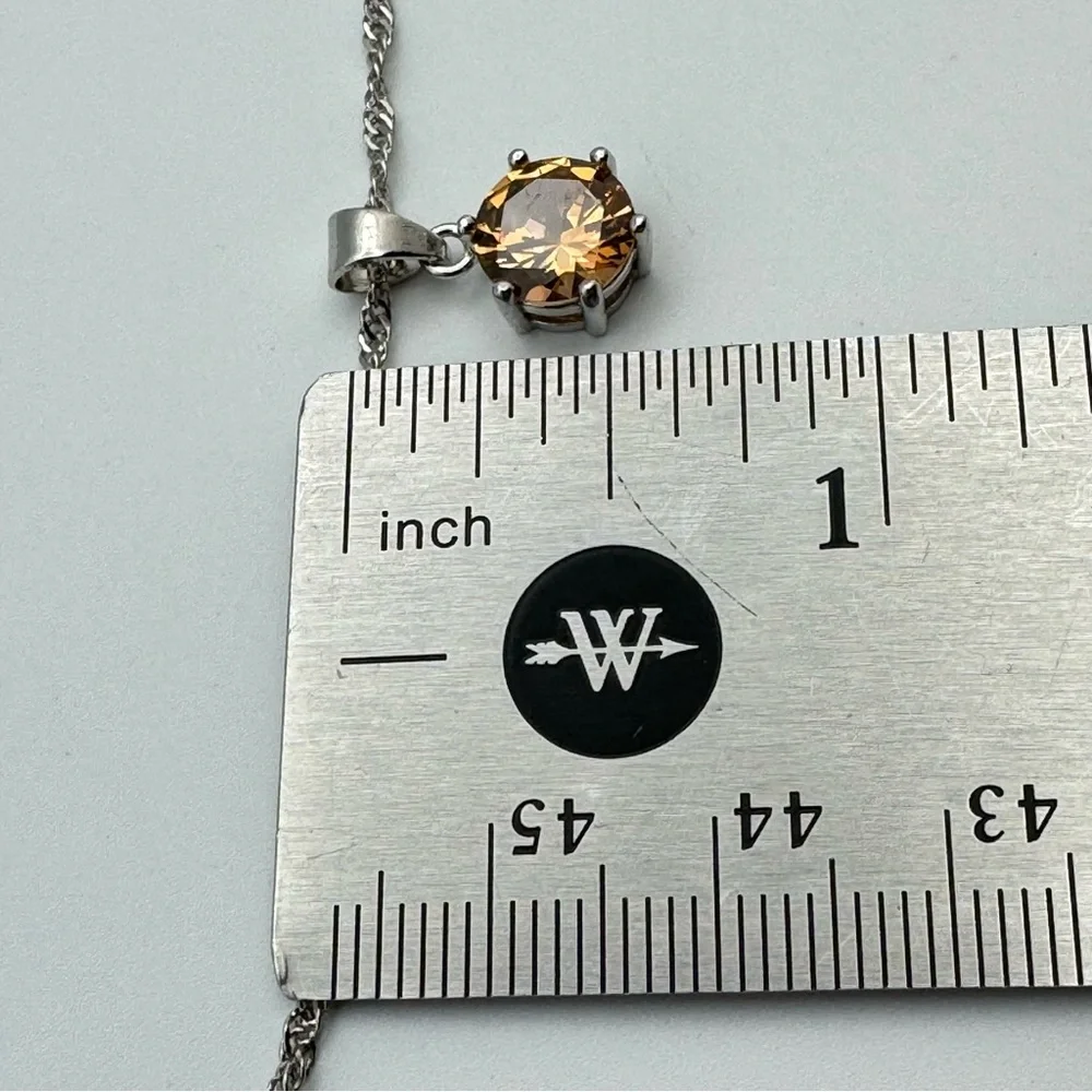 Beautiful Silver Round Champagne CZ Pendant Necklace 18”